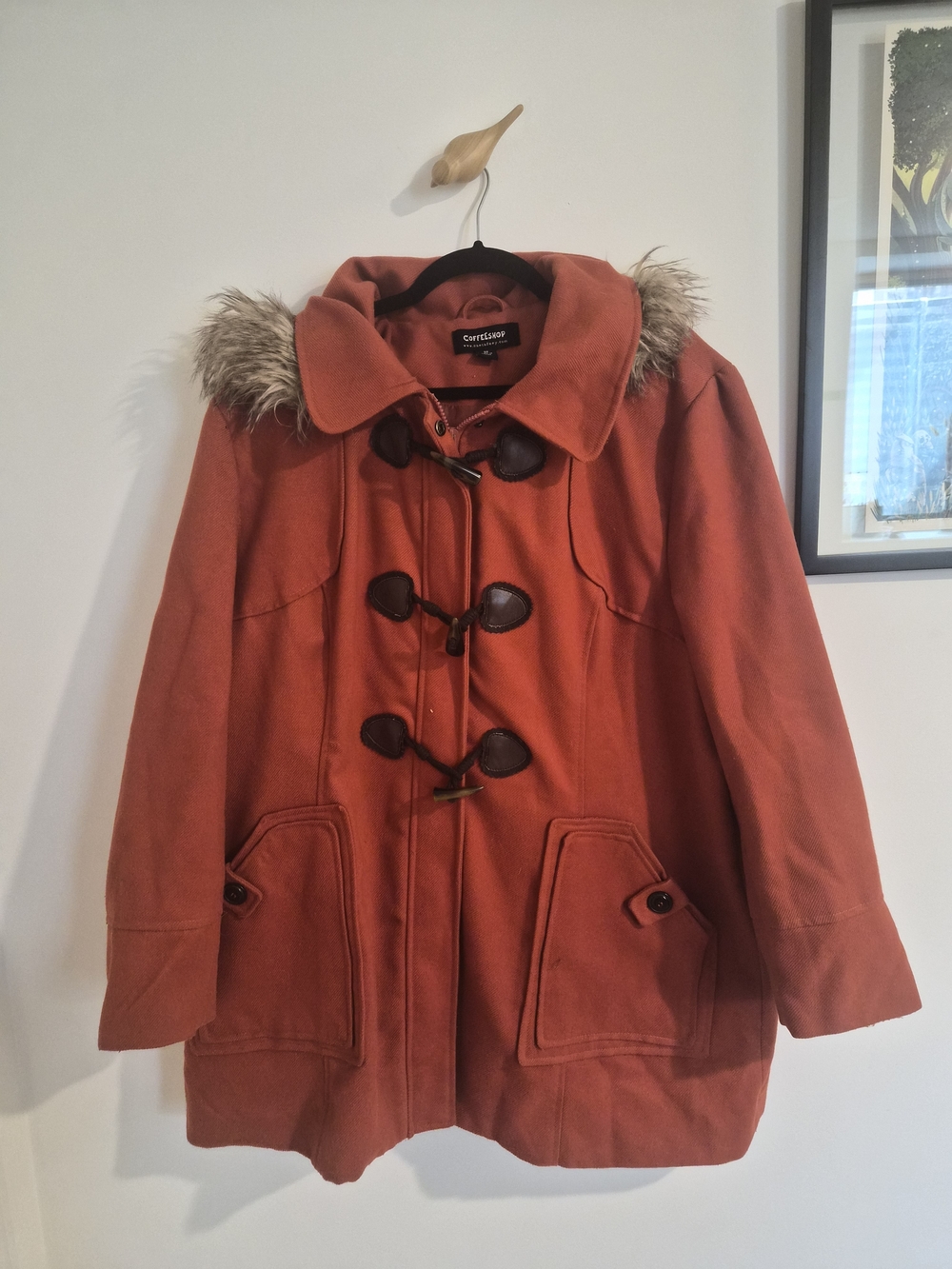 Women's Rust Toggle Coat with Faux Fur Trim